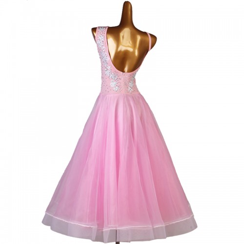 Light pink with embroidered flowers diamond competition ballroom dance dress for women girls sleeveless waltz tango dance gown